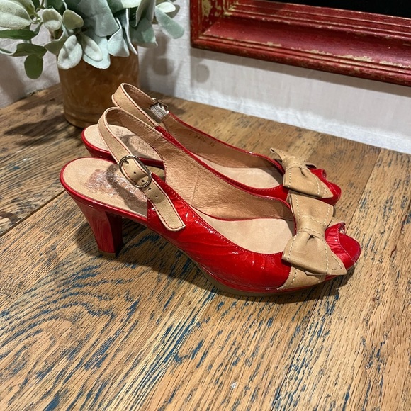 ❤️ WONDERS RED SLINGBACK HEELS WITH BOW - SIZE 38 - 100% LEATHER - Picture 11 of 15